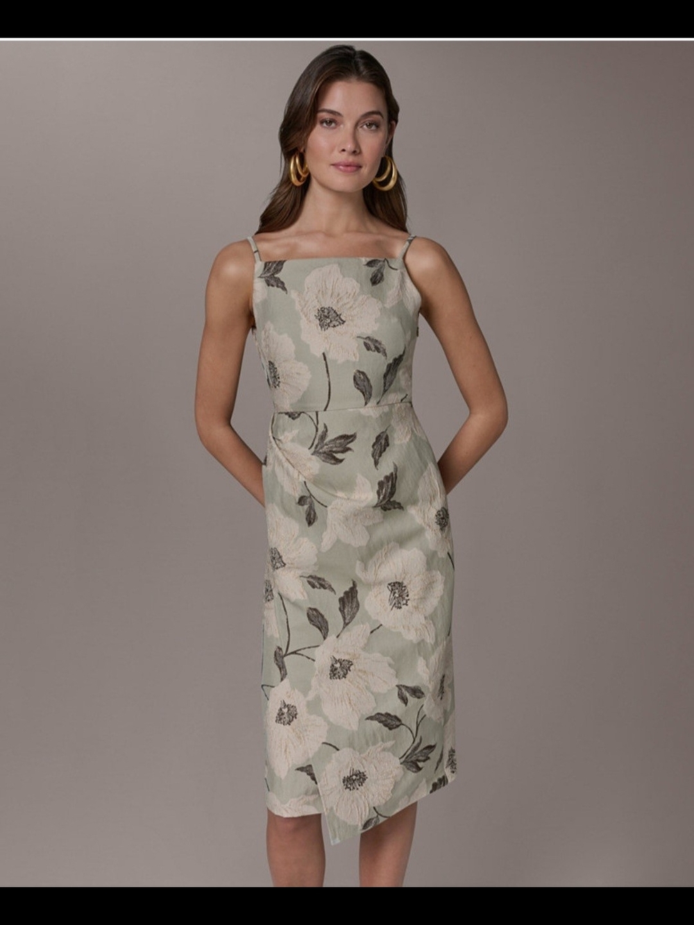 Donna Karan Sage Green Floral Square-Neck Midi Dress